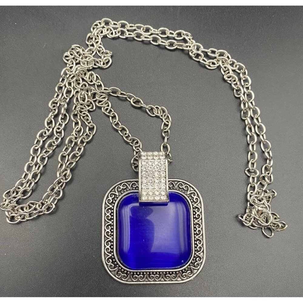 Royal Blue Cat's Eye Pendant Iced Out CZ Hip Hop Silver Tone Chain Cable 34+2" - Picture 1 of 6